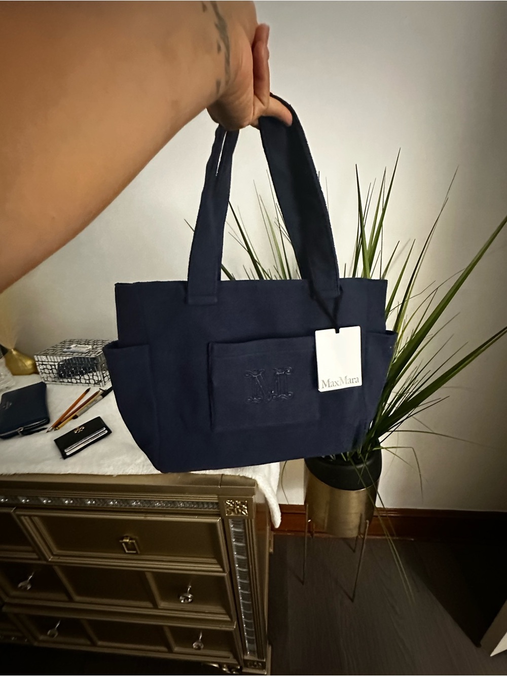 MaxMara Navy Canvas Messenger Tote